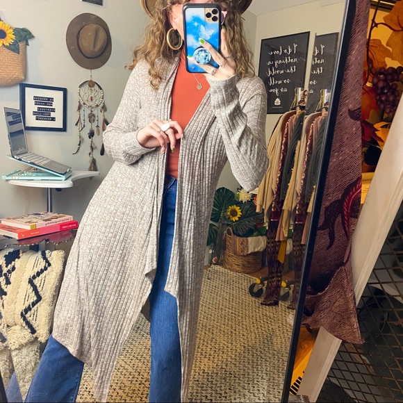 Edista Marled Neutral Beige Long Waterfall Sweater Cardigan Size Small - Picture 1 of 14